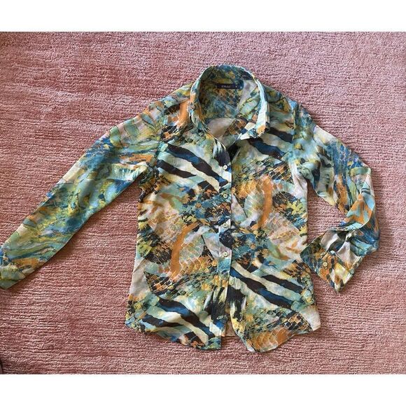 Pure Amici 100 % Silk Button Down Blouse Size S Multicolor Abstract Print - Picture 3 of 9